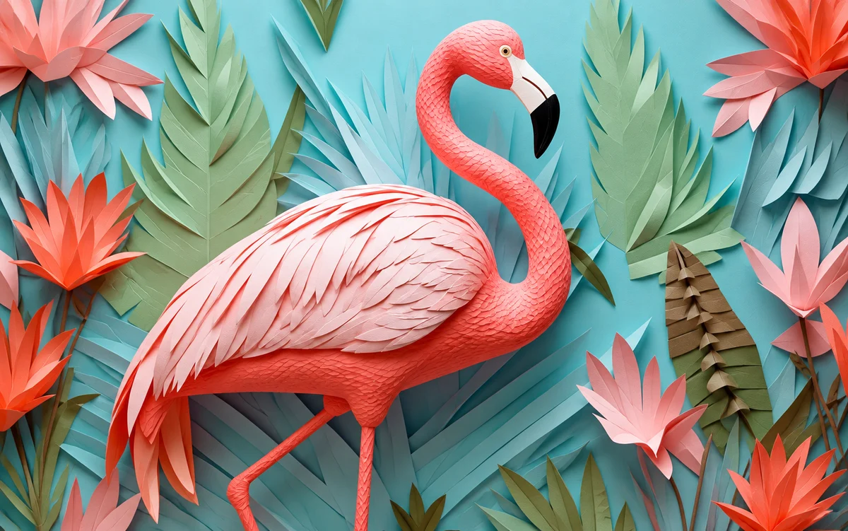 Sculptural pink flamingo among mint and coral paper foliage